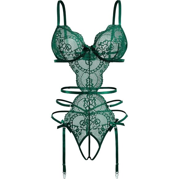 Sexy Women's V-Neck Lace Bodysuit with Adjustable Straps & Garter - Size Large - Picture 6 of 6